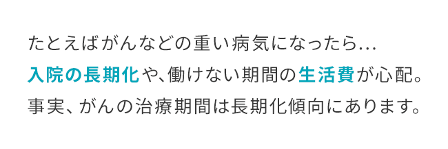 たとえばがんなどの重い病気になったら…入院の長期化や、働けない期間の生活費が心配。事実、がんの治療期間は長期化傾向にあります。