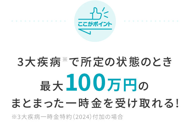 3大疾病※で所定の状態のとき最大100万円のまとまった一時金を受け取れる!※3大疾病一時金特約（2024）付加の場合
