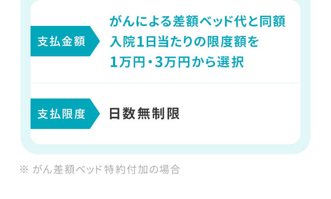 【支払金額：がんによる差額ベッド代と同額 入院1日当たりの限度額を1万円・3万円から選択】【支払限度：日数無制限】※ がん差額ベッド特約付加の場合