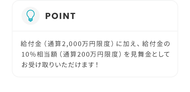 POINT：給付金（通算2,000万円限度）に加え、給付金の10%相当額（通算200万円限度）を見舞金としてお受け取りいただけます！