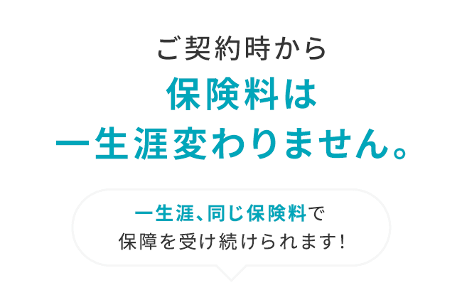 ご契約時から 保険料は一生涯変わりません。一生涯、同じ保険料で保障を受け続けられます！
