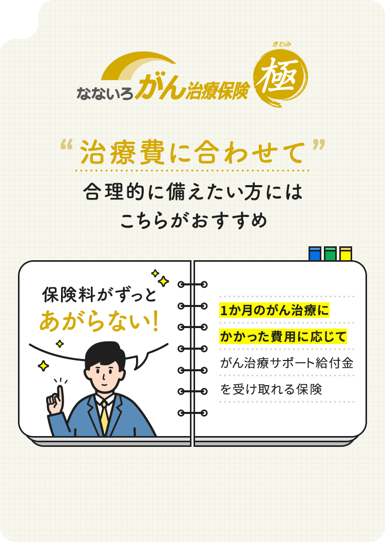 【なないろがん治療保険 極】治療費に合わせて合理的に備えたい方にはこちらがおすすめ「保険料がずっとあがらない！」1か月のがん治療にかかった費用に応じてがん治療サポート給付金を受け取れる保険