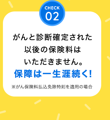 「CHECK02：がんと診断確定された以後の保険料はいただきません。保障は一生涯続く！」